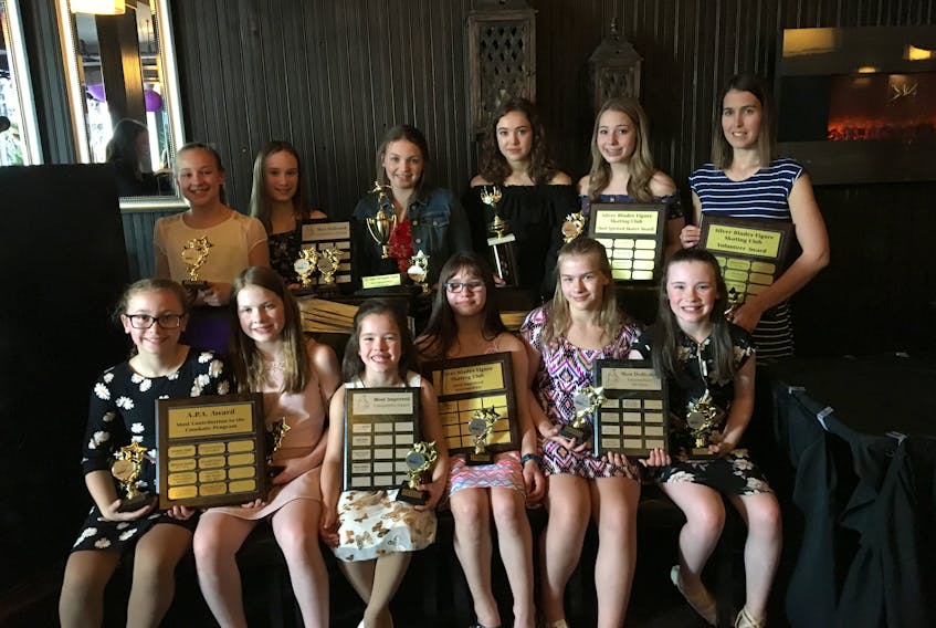 Silver Blades Skating Club held its year-end awards night to recognize the accomplishments of its skaters over the past season. Award winners included, from left (back) Jillian Andrews (Joan Targett Scholarship), Grace Pye (Most Dedicated Competitive Skater and Maude Fraser Scholarship), Danielle Sceviour (Angie Dorrington Award), Erin Sparkes (Maude Fraser Program Assistant Award), Rachel Whitten (Most Spirited Skater Award), Ashley Sheppard (Volunteer Award); (front) Shawna Marie Stuckless and Savannah Burden (Assistant Program Assistant (APA) Award, Beau Callahan (Most Improved Competitive), Natalie Caines (Most Improved Intermediate), Sara Murphy and Rebecca Flynn (Most Dedicated Intermediate).