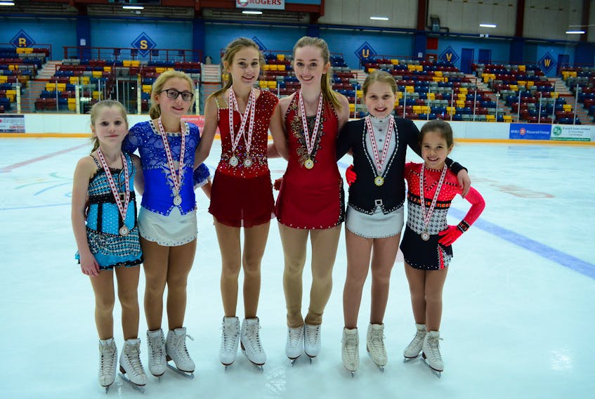 Several members of the Corner Brook Silver Blades had fine showings at Summer Skate held in Paradise. Those picking up medals included, from left, Hayden Oates, (Bronze in Pre-Juvenile Women Under 11), Shawna-Marie Stuckless (Silver in Juvenile Women Under 12), Rebecca Bennett (Silver in Pre-Novice Women Short and Bronze in Pre-Novice Women Free), Lauren Hearns (Gold in Star 6 Women), Savannah Burden (Gold in Pre-Juvenile Women Under-11) and Beau Callahan (Bronze in Star 4 Girls Under 10).