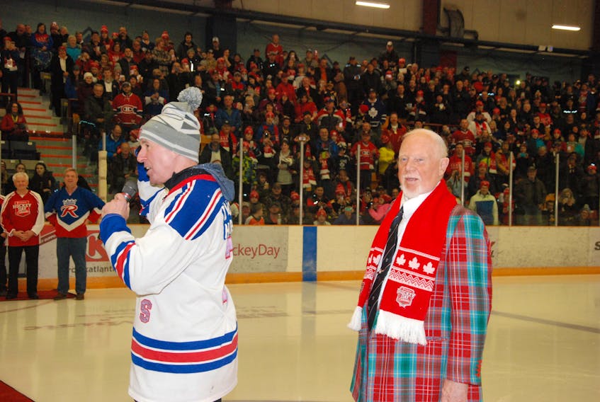 Don Cherry and Ron MacLean of Coach’s Corner both addressed the crowd at the West Coast Senior Hockey League game Saturday night between the Corner Brook Royals and Stephenville Jets before doing their Coach’s Corner Brook segment from the Corner Brook Civic Centre for the Hockey Night in Canada broadcast.