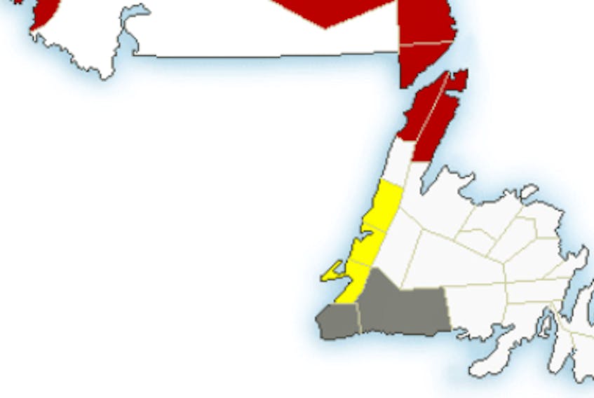 This image shows the extent of weather warnings, in red; watches, in yellow; and special weather statements, in grey, issued for western Newfoundland.