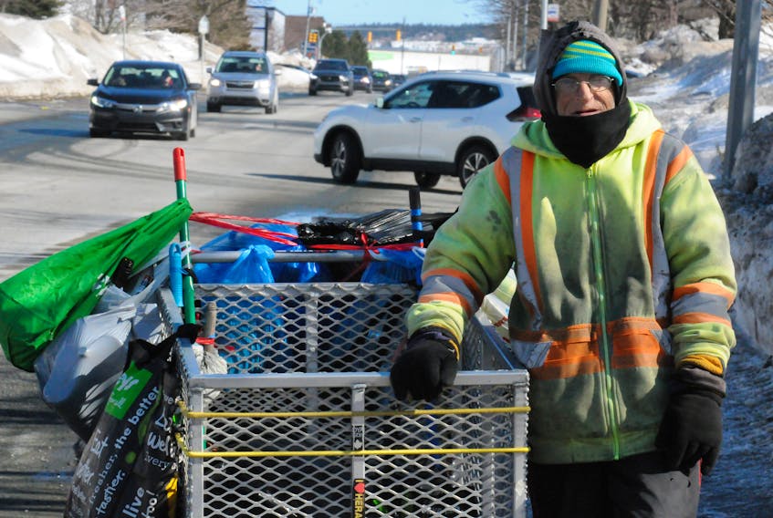 Wayne Skinner is shown on Elizabeth Avenue in St. John's with his cart of recyclables in this March 13 photo.