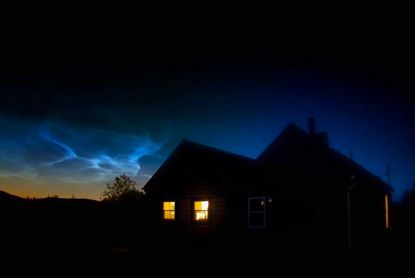 It’s noctilucent cloud season and thanks to Bernice MacDonald of Antigonish, NS we get to enjoy this very rare display.   It was just before 10 pm Wednesday when she noticed these eerie electric-blue clouds rippling across the night sky. Some people refer to this phenomenon as a “geophysical light bulb.”