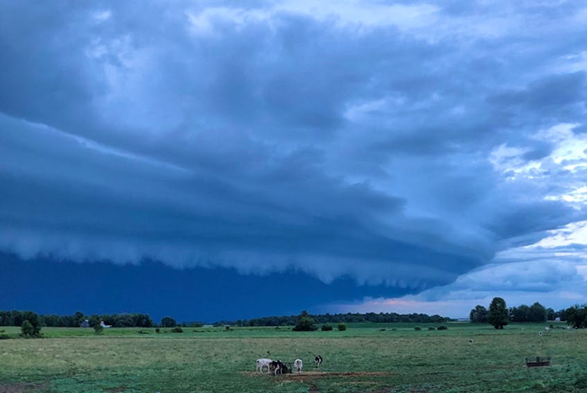 Chores were done and Ronnie Lefebvre was just leaving the barn when he noticed this foreboding cloud.  His first instinct was to take cover, his second, to send the photo to his big sister. Wise… on both counts.