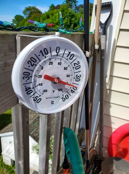 Yes, Nancy Kellar's thermometer is in the sun on her deck in Saint John, NB, but I love the juxtaposition of the extreme temperature and the Christmas lights. By the way, six months from today, Christmas will have passed, and lights and trees will be coming down.
