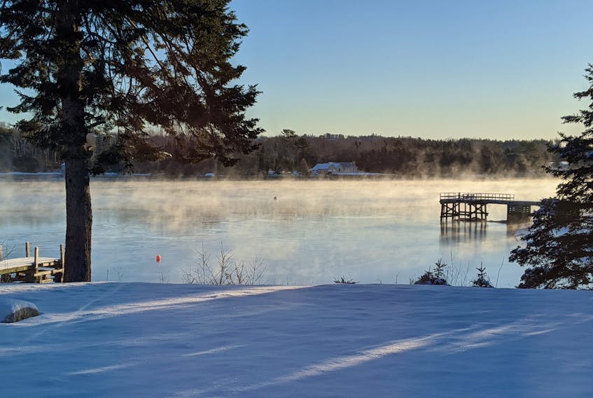 Dry or not, it was a cold Tuesday morning in picturesque Chester Basin NS. Michael Morris said it was -18 when he got up and took this photo; cold enough for sea smoke to form under windless conditions.