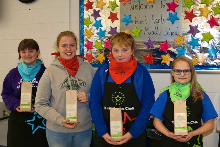 West Hants Middle School students, from left, Ryleigh Hingley, Adrienne Hill, Louis Smith, and Jessica Myles are enjoying the kitchen brigade program, especially trying new recipes.
CAROLE MORRIS-UNDERHILL
