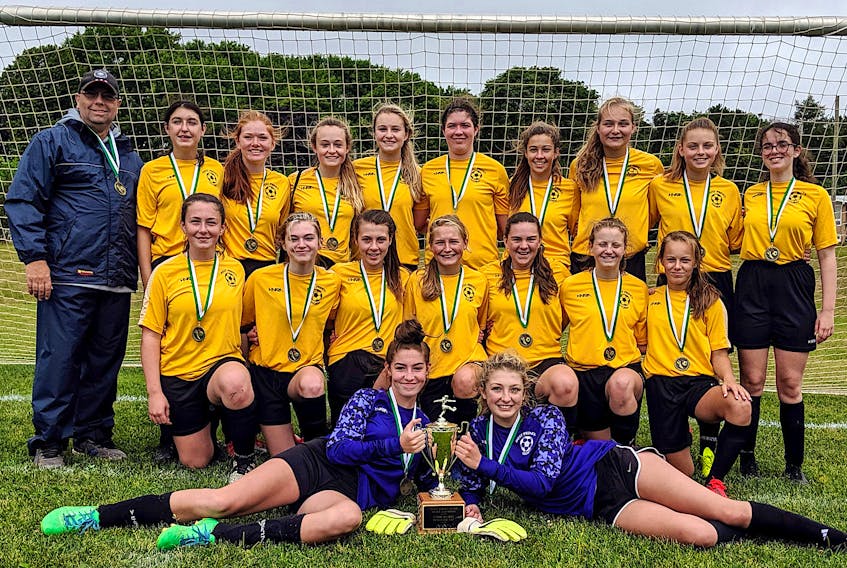 The West Prince Storm won the Subway Provincial Cup under-15 girls’ division one soccer final. Front row, from left, are keepers Amelia DesRoche and Madelyn Gavin. Second row, Hailey Williams, Jazzlyn Smallman, Jasmyn Cough, Courtney Silliker, Cyriah Richard, Gracyn Chaisson and Ella Hudson. Third row, coach Brian Allain, Skyla Jeffery, Brooke-Lynn Tremblay, Winna Oliver, Harlie Perry, Erin Rennie, Tori Doucette, Jill Harper, Kira Costain and Kennedy Singh.