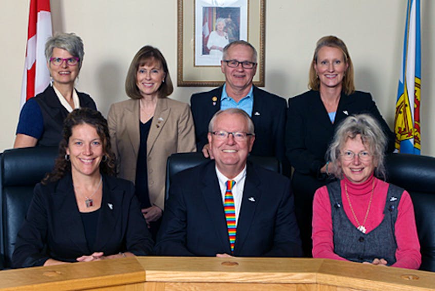 Mayor Jeff Cantwell is the lone member of Wolfville’s town council who won’t be reoffering in the October election. Council members Wendy Donovan and Carl Oldham have announced their intentions to run as mayoral candidates in October. 
Back row: Mercedes Brian, Wendy Donovan, Carl Oldham and Jodi MacKay
Front row: Oonagh Proudfoot, Jeff Cantwell and Wendy Elliott. Source: Town of Wolfville website