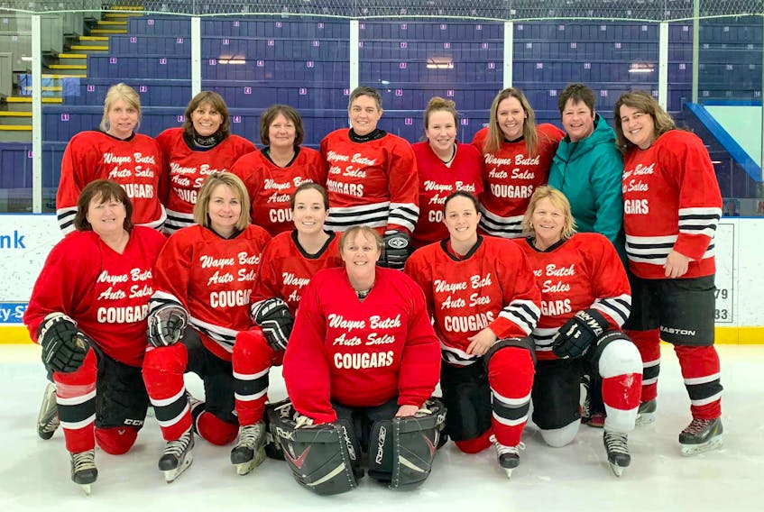 The Wayne Butch Auto Sales Cougars finished off the season with wins over the Tigers and the Lions. The CBWRHL Cougars are: (front, from left) Karla Fulton, Dana Carr, Alyson Pickard, goaltender Patty Willigar, Alysha Manderson, Kelly Milner, (back, from left) Crystal Goodwin, Karlene Morris, Wanda Jewers, Isabelle Babineau, Caitlyn Matchett, Casie Skidmore, league co-ordinator Susan Smith and Carole Gautreau. Missing from photo is Kim Tanner and Chantal Daigle.