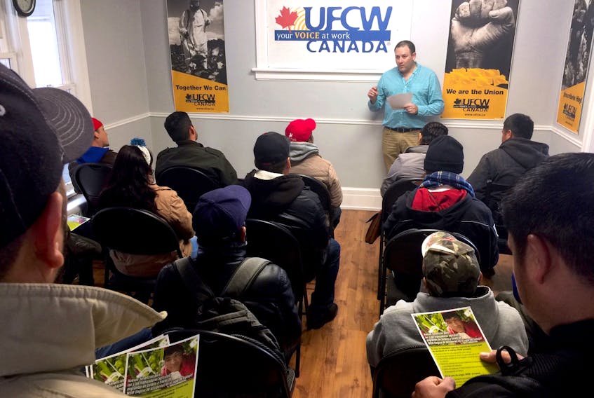 Santiago Escobar, a national representative for United Food and Commercial Workers Canada, is seen facilitating a workshop for migrant farm workers in this submitted photo. UFWC Canada released a report Monday, calling for reforms at the federal and provincial levels to better protect migrant workers in Canada.