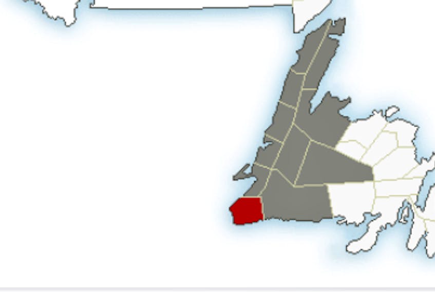 This image shows grey-shaded areas affected by a special weather statement issued by Environment Canada and the red-shaded wind warning issued for southwestern Newfoundland.