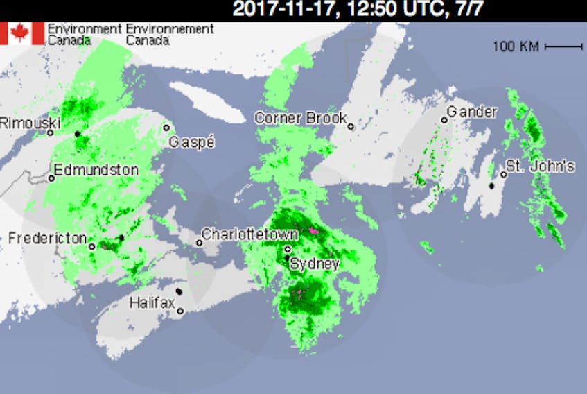 This radar imagery from Environment Canada shows the weather system approaching western Newfoundland Friday and Saturday.