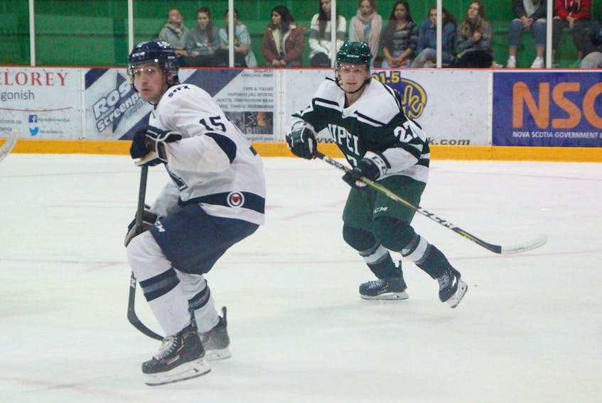 St. F.X. forward Declan Smith reacts to puck movement during a Sept. 28 game at the Antigonish Arena versus the UPEI Panthers. Smith is home in Antigonish playing hockey for the first time – consistently – since his bantam years.