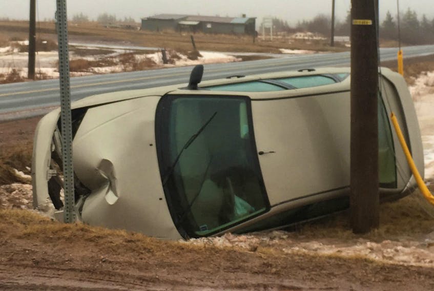 Prince District RCMP responded to a single-vehicle accident Monday morning after a car hydroplaned and landed on its side in a ditch on the Blueshank Road in Kelvin Grove.