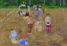 Potato Picking 1960s Style painting by Vivian Aho.