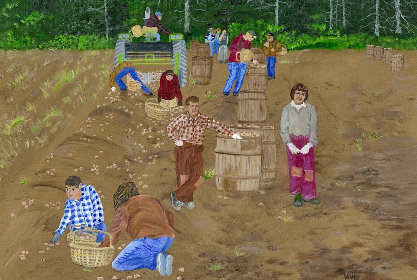 Potato Picking 1960s Style painting by Vivian Aho.