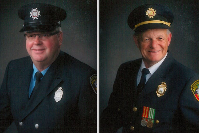 Mike Glover, left, and Marcel Arsenault recently retired from the Summerside Fire Department