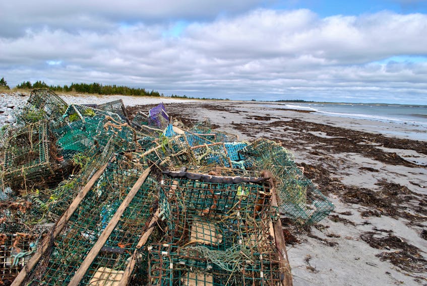 A pile of lobster traps await pick-up at the Crow Neck Beach in East Baccaro after a shoreline cleanup on Sept. 25, 2019.   A just launched collaborative project being led by Coastal Action, Mahone Bay will be tackling the ghost gear fishing issue in southern Nova Scotia on multiple fronts.