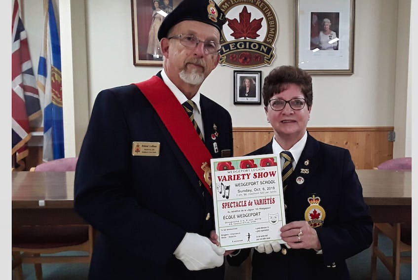 Two of the people involved in the variety show to be held Sunday afternoon, Oct. 6, at the Wedgeport legion are soundman Roland LeBlanc and show co-ordinator Rita Doucette.