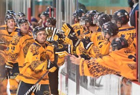 The Yarmouth Mariners had their 2020-2021 season home opener on Oct. 31, in which they had a 4-0 win over the South Shore Lumberjacks. The teams won Honda Thank You Week jerseys, in recognition of front line workers during the COVID pandemic, which are being auctioned off on MHL teams' Facebook pages. TINA COMEAU PHOTO