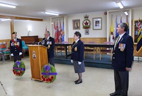 The four Legion 155 Wedgeport members present at a short commemorative of the liberation of Holland ceremony at the Yarmouth County legion hall (from left to right): Warren Surette, André Boudreau, Rita Doucette and branch president Clinton Saulnier. (Contributed photo/Cyrille LeBlanc)