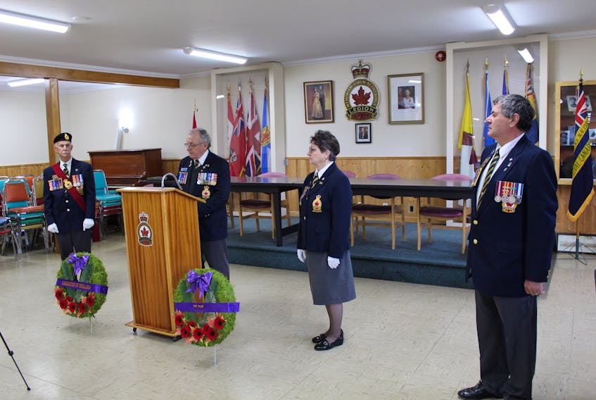 The four Legion 155 Wedgeport members present at a short commemorative of the liberation of Holland ceremony at the Yarmouth County legion hall (from left to right): Warren Surette, André Boudreau, Rita Doucette and branch president Clinton Saulnier. (Contributed photo/Cyrille LeBlanc)