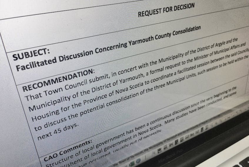 The recommendation contained in a report on municipal consolidation to be discussed by Yarmouth town council. TINA COMEAU PHOTO