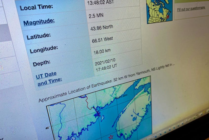 Many people felt an earthquake off of Yarmouth on Feb. 10. Image from Earthquakes Canada website.