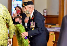 99-year-old Charlie Muise lays a wreath during the Nov. 11 Wedgeport Legion Branch 11, 2020 Remembrance Day service. TINA COMEAU PHOTO