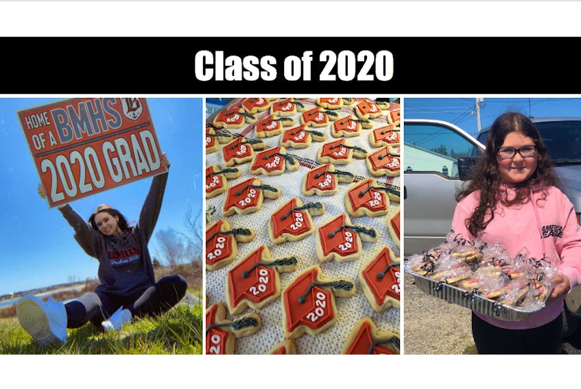 (Left to right) Grade 12 Barrington Municipal High School student Ahmoni Mahaney holds the grad sign the school has made for each member of the Class and 2020. Also delivered with the signs were grad cookies made by BMHS Grade 8 student Brooke Banks who did it as a pay-it-forward. CONTRIBUTED PHOTOS