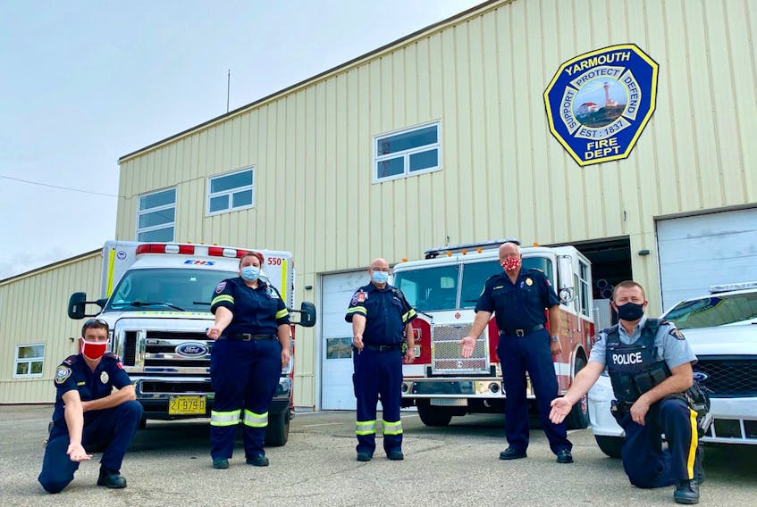 Representatives from EHS, the Yarmouth Fire Department and Town of Yarmouth RCMP rollup their sleeves to demonstrate how easy it is to give blood. The first responders turned out recently to launch the national Sirens for Life campaign in Yarmouth, promoting the need for blood donors.