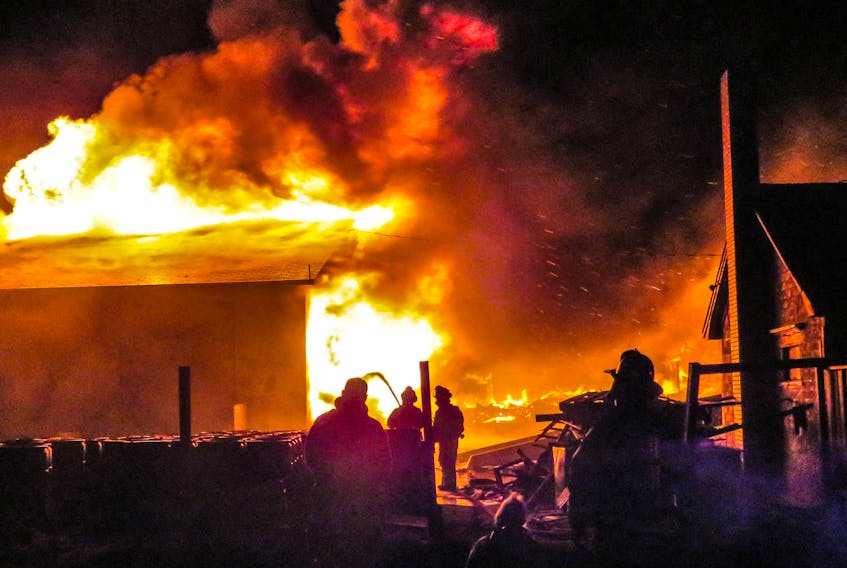 A photo taken in the early hours of Oct. 17 of a fish pound fire in Middle West Pubnico. FRANKIE CROWELL PHOTO