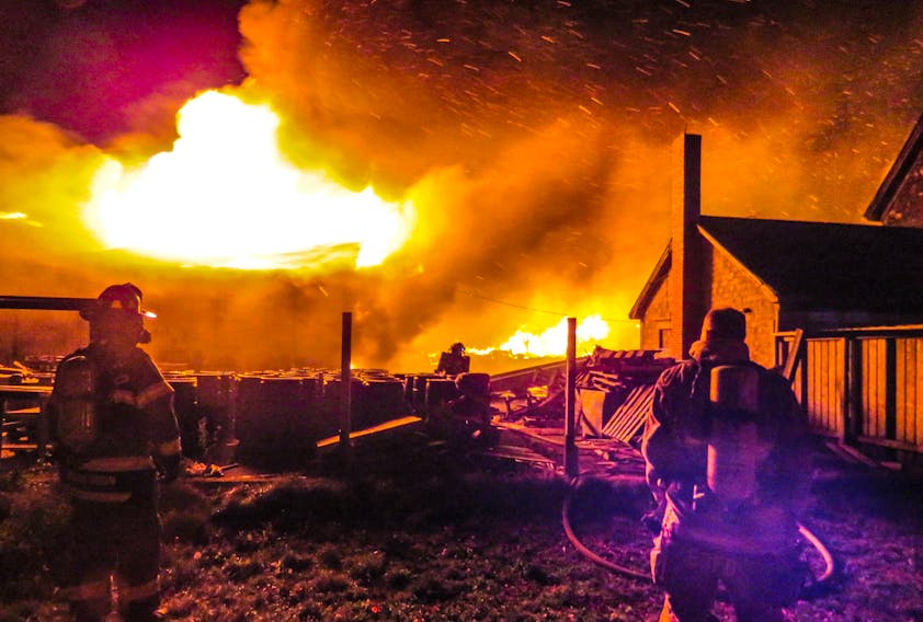 A lobster pound in Middle West Pubnico, Yarmouth County, was destroyed by an overnight fire on Oct. 17.  Numerous fire departments were on the scene throughout the night and early morning. FRANKIE CROWELL PHOTO/WOODS HARBOUR - SHAG HARBOUR VOLUNTEER FIRE DEPARTMENT FACEBOOK PAGE.