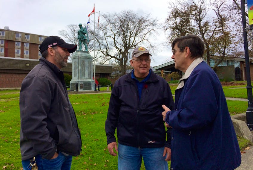 From left: Todd Muise, Andre Boudreau and George Egan during a visit to the Yarmouth cenotaph in 2018. Muise is a member of the Wedgeport legion (branch 155) and Boudreau is the branch’s secretary. The Wedgeport legion is scheduled to hold an event Feb. 28 to mark the 75th anniversary of the withdrawal of Canadian forces from Italy. Egan, representing the Wartime Heritage Association, will be the main speaker at the Wedgeport event.