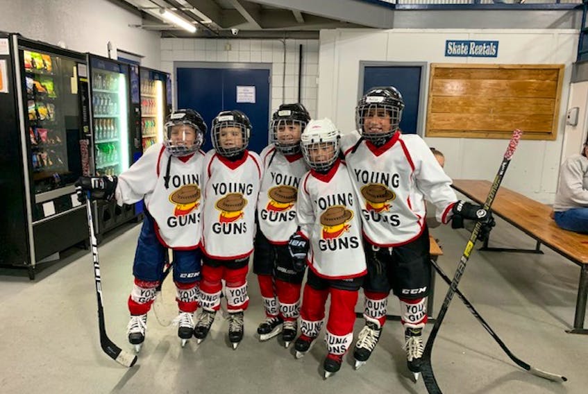 Yarmouth County members of the N.S. Novice Young Guns hockey team (from left): Zander Churchill, Chase d’Entremont, Nate d’Entremont, Brex d’Eon, Philip Richard. The team won gold this past weekend at a tournament in Portland, Maine.