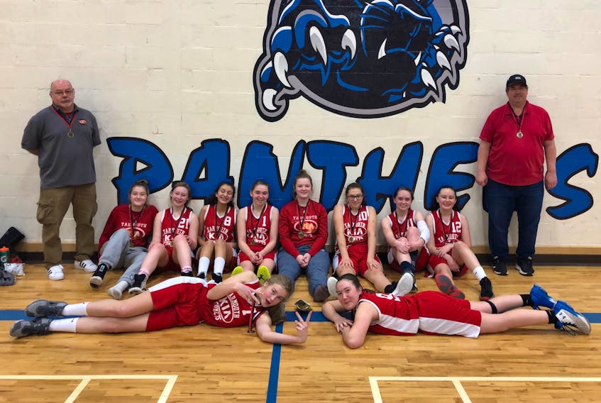The Yarmouth Kia Comets U-16 girls basketball team after winning the Darmouth Lakers tournament.