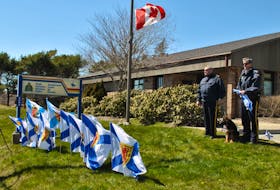 Nova Scotia flags were placed on the lawn of the Barrington RCMP Detachment on Tuesday, April 21, in tribute by several local fire departments, which included Island and Port Latour; Woods Harbour/Shag Harbour; Island and Barrington Passage; and East Pubnico. PHOTO COURTESY KATHY JOHNSON