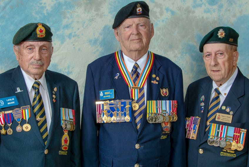 From left to right, Leslie J. Muise, Arnold Robert (Bob) Garron and Nelson J. Deveau. At a ceremony to be held Saturday, July 27, at the Wedgeport legion hall, the three will be recognized for their service in the Korean War. PERCY J. COTTREAU PHOTO
