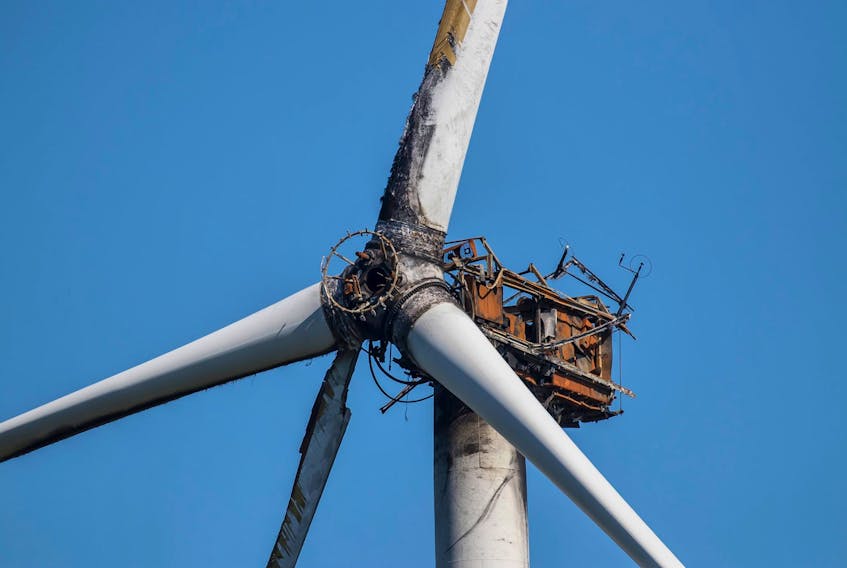A wind turbine that was destroyed by fire in March will be removed and replaced in September, depending on several variables, says a company spokesperson. Ervin Olsen Photo