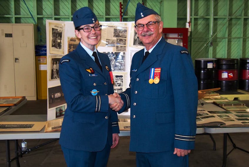 Capt. Percy Cottreau thanks Capt. Sarah Rogers, a flight test engineer,  for being his Reviewing Officer for the 75th Annual Review of 299 air cadet squadron in Yarmouth.