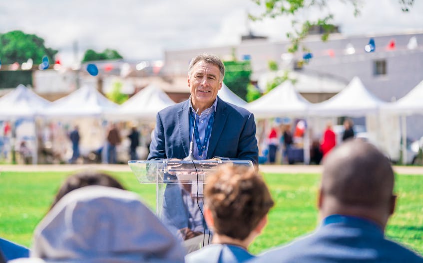 Allister Surette addresses the crowd at the event Vers le CMA 2024 during the 2019 Congrès Mondial Acadien. The president and vice-chancellor of Université Sainte-Anne has been named chair of the Congrès Mondial Acadien 2024 Organizing Committee. MARC D’ENTREMONT PHOTO