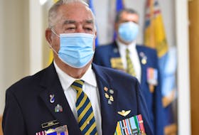 Veteran Glen Gavel reflects on the Korean War during a July 24 ceremony held at the Wedgeport Legion in Yarmouth County. COVID-19 precautions changed the look and feel of the ceremony as well. TINA COMEAU PHOTO