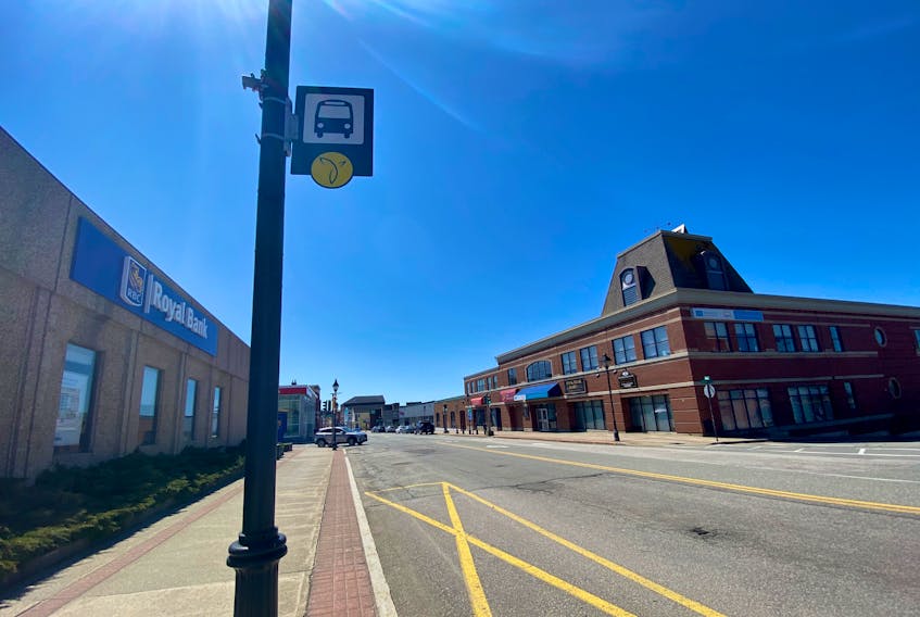 One of the stops in downtown Yarmouth along the Yarmouth transit bus route. The transit system was suspended March 18 due to the COVID-19 situation. TINA COMEAU PHOTO