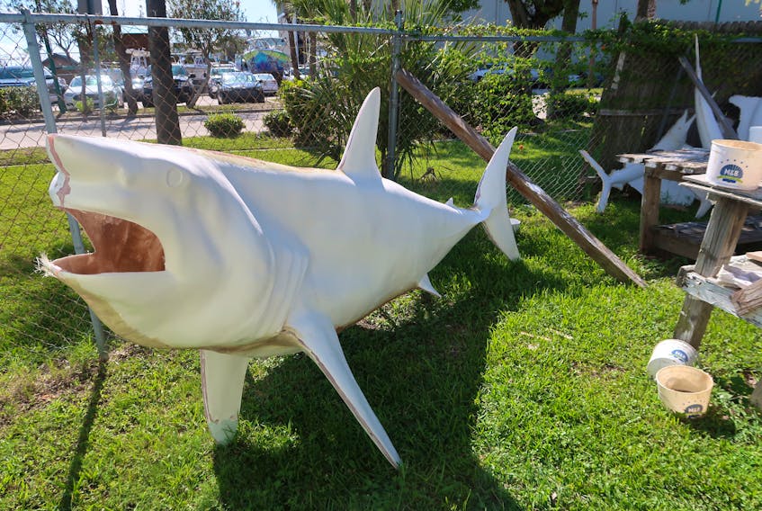 BOB BROWN PHOTO
A replica of Yarmouth’s record-breaking shark, under construction in Cape Canaveral, Florida. The fibreglass shark is bound for the Yarmouth waterfront, where it will be permanently mounted.