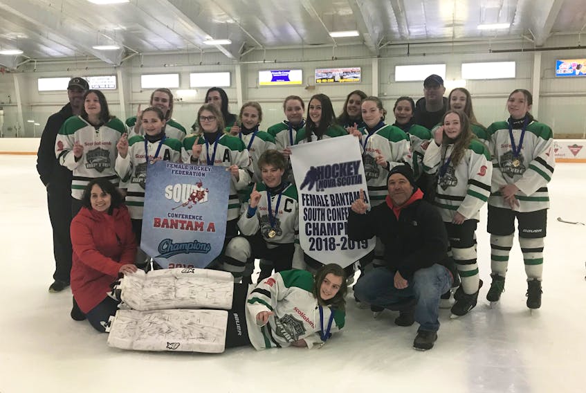 The bantam A girls Yarmouth Scotiabank Western Riptide White are Hockey Nova Scotia’s 2018-2019 Female Bantam A South Conference Champions.