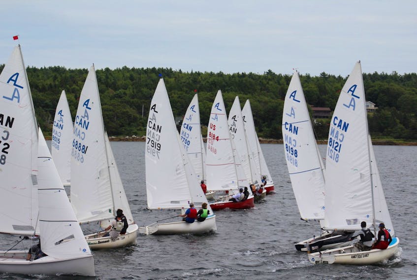 Competitors line up for the start of one of the races during the 10th annual East Coast Albacore Championship regatta hosted by the Shelburne Harbour Yacht Club.