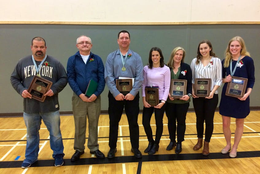 Some of Yarmouth County’s special award recipients following the 2018 athletic awards ceremony at the Par-en-Bas school in Tusket. From left: Jerry Burgess, Ernie Pitman, Duane Fitzgerald, Jill-Marie Jacquard, Jean Brown, Madison Boudreau, Saige Breton. (Not all special award recipients were present for the Nov. 30 ceremony.)