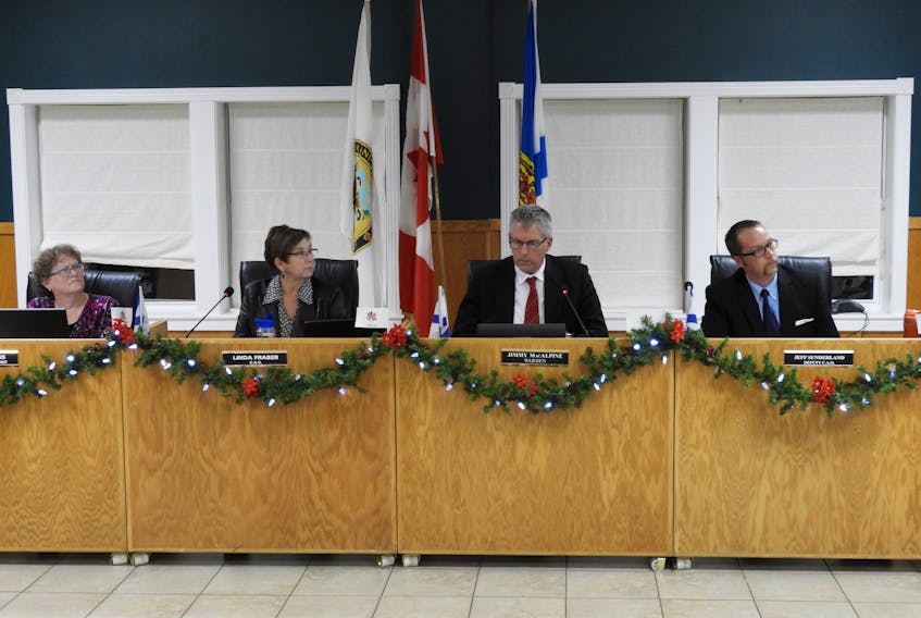 Linda Fraser (second from left) at the Nov. 27 council meeting of the Municipality of Digby. Also shown from left are: executive assistant Pat Stevens, Warden Jimmy MacAlpine and Deputy CAO Jeff Sunderland. JAMES MALLORY