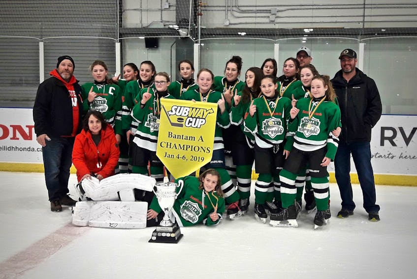 The bantam A girls Yarmouth Scotiabank Western Riptide White team won the Subway Cup Tournament in Pictou