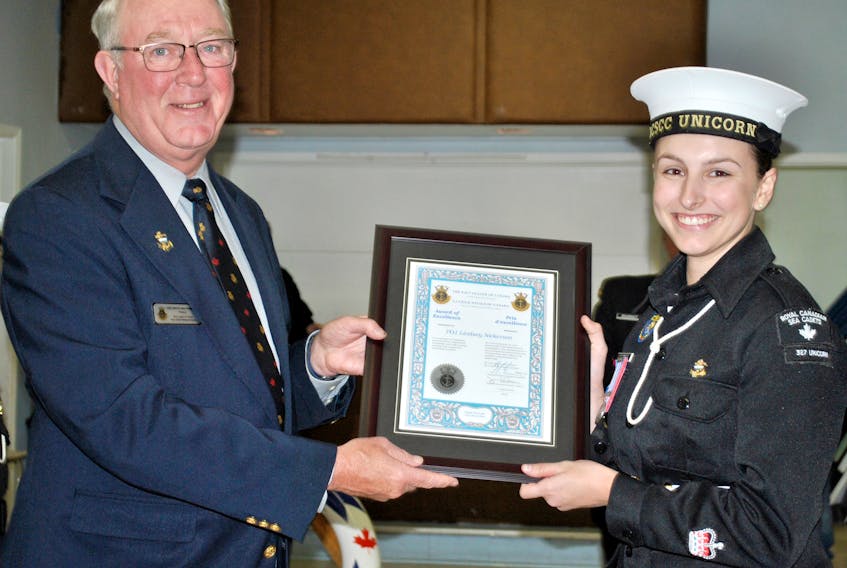 Petty Officer 1st Class (PO1) Lindsey Nickerson of the 327 Unicorn Royal Canadian Sea Cadet Corps (RCSSC) in Barrington was presented with the Navy League of Canada Award of Excellence on April 4 by Navy League Mainland Nova Scotia president John Philips Lt (N) Ret.d. Kathy Johnson